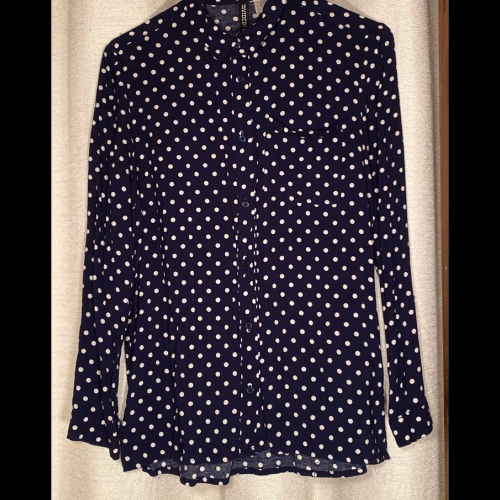 Blue with white polka dot bottom up blouse.